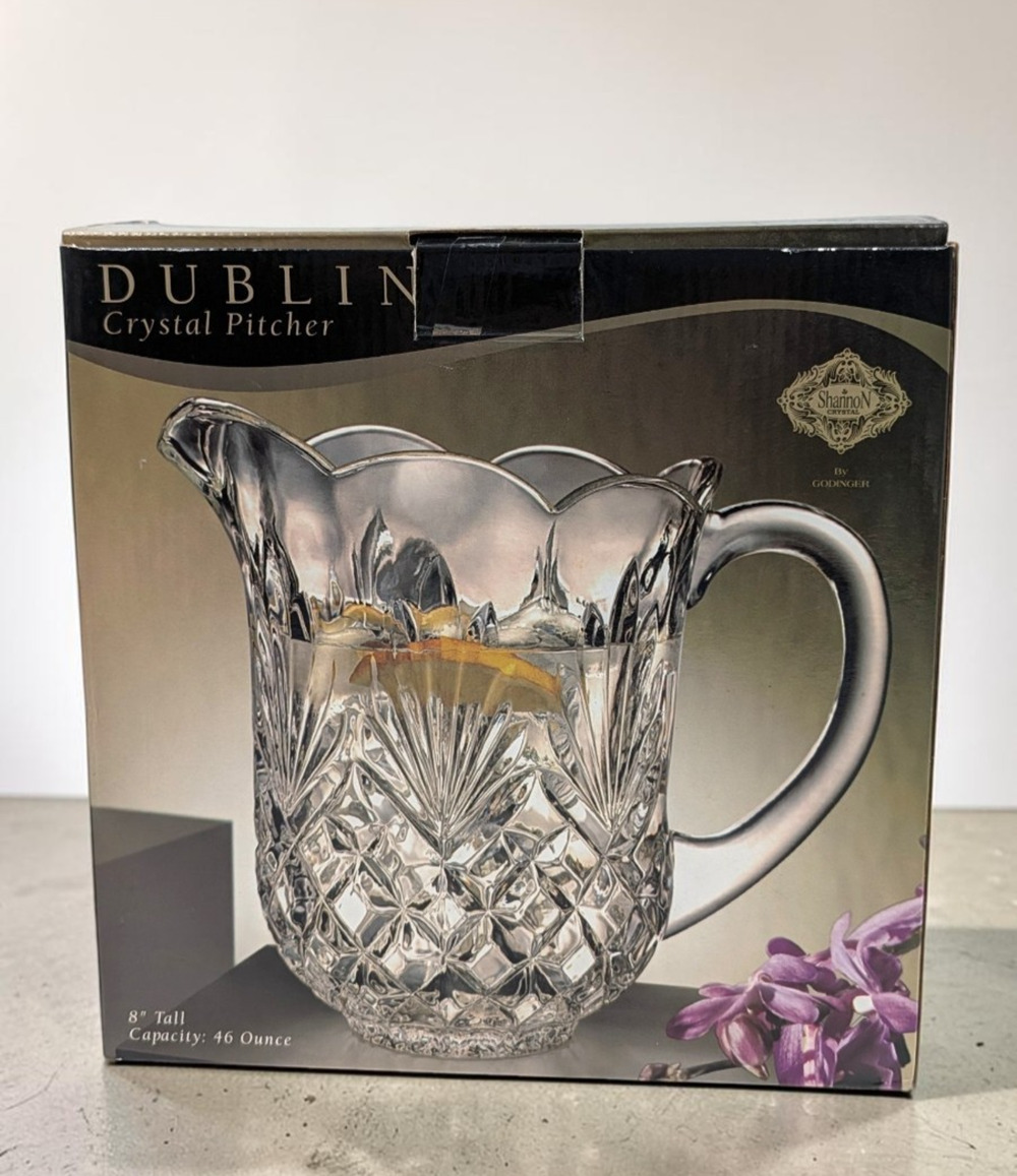 Dublin Crystal Shannon Pitcher by Godinger 46 Oz Clear Glass 8" Tall w/ Box